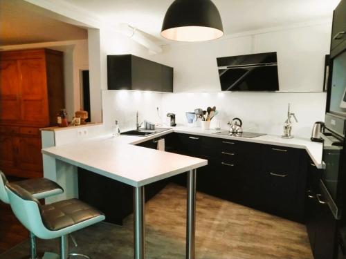 une cuisine avec des armoires noires et un comptoir blanc dans l'établissement Châteauroux charmante maison 2 chambres jardin, à Châteauroux
