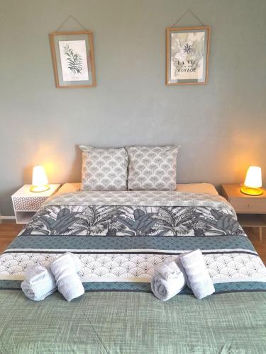 - une chambre avec un grand lit et trois oreillers dans l'établissement Ravissant appart-2chb-3 lits-wifi, à Châteauroux