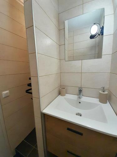 une salle de bain avec un lavabo et un miroir dans l'établissement Ravissant appart-2chb-3 lits-wifi, à Châteauroux