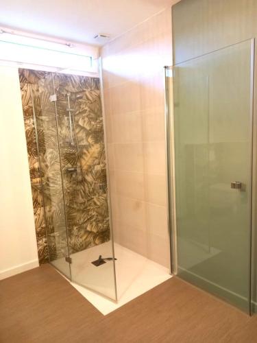 a shower with a glass door in a room at Jolie Maison 3 chb- 7 lits- jardin in Levroux