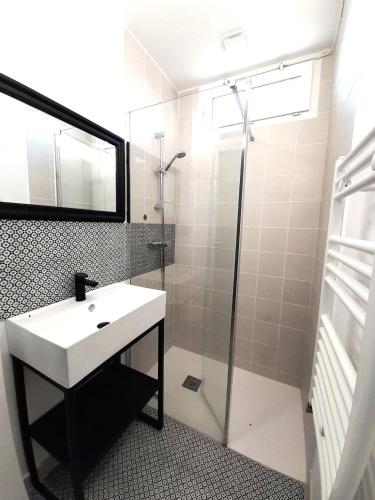a bathroom with a sink and a shower at Jolie Maison 3 chb- 7 lits- jardin in Levroux
