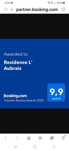 Certifikát, hodnocení, plakát nebo jiný dokument vystavený v ubytování Residence L' Aubrais