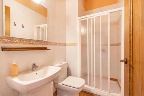 a bathroom with a toilet and a sink and a shower at Cal Emilia in Ossó de Sió