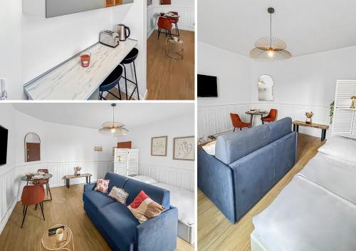 - trois vues différentes sur un salon avec un canapé bleu dans l'établissement Évasion Rémoise, à Reims