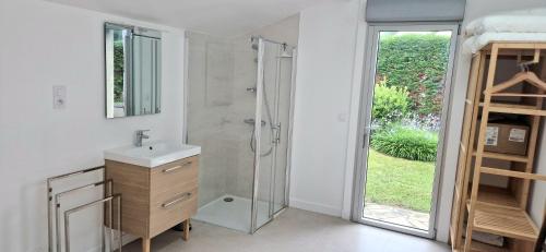 a bathroom with a shower and a sink and a mirror at Maison de Vacances en bord de mer in Saint-Gildas-de-Rhuys