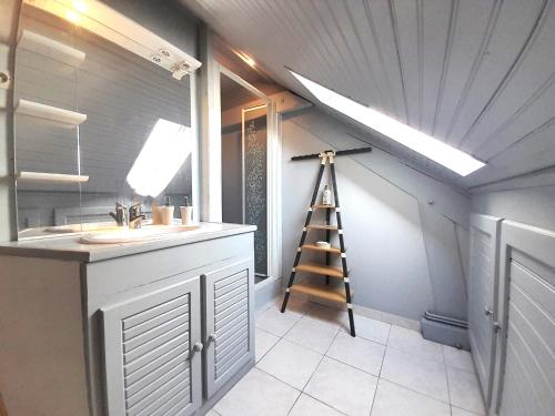 ein Badezimmer mit Waschbecken und Oberlicht in der Unterkunft Le Rio Clopet in Buzançais