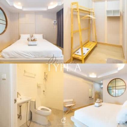 two pictures of a room with a bed and a bathroom at Baancoconutkohlarn in Ko Larn