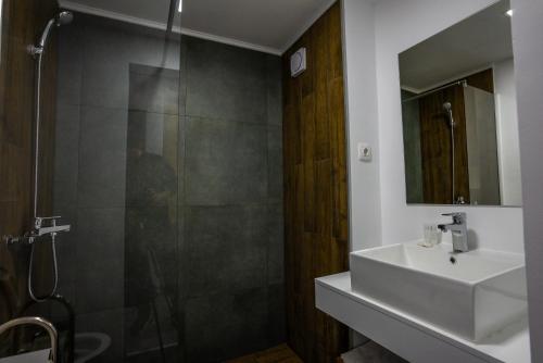 a bathroom with a sink and a shower at Hotel TURRIS in Turnu Măgurele