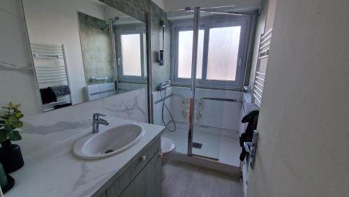 une salle de bain blanche avec un lavabo et une douche dans l'établissement Grand appartement cosy pour 4, à Montpellier