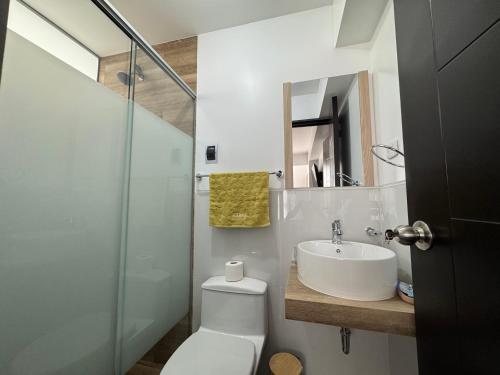a bathroom with a toilet and a sink and a shower at Mantu Apartment in Cusco