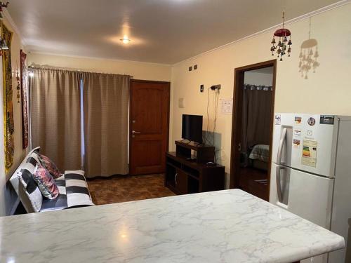 a kitchen with a refrigerator and a tv in it at ruta de valdivia cabañas in Valdivia