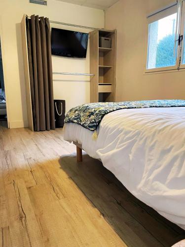 une chambre avec un lit et une télévision à écran plat dans l'établissement Appartement Lumières, à Pontault-Combault