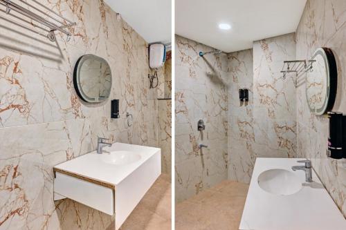 two pictures of a bathroom with a sink and a mirror at Palette - Hotel Saket Greens in Bhopal