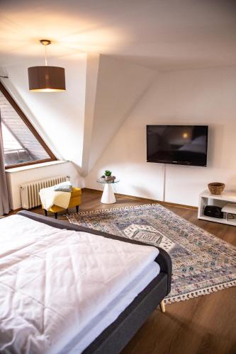a bedroom with a bed and a flat screen tv at Ferienwohnung 9 Torster - im Zentrum der Altstadt in Hameln