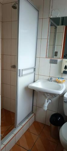 a bathroom with a sink and a shower and a toilet at Don Andre House in Cusco