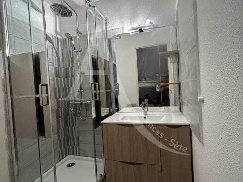 une salle de bain avec un lavabo et une douche dans l'établissement Quartier plage 1 chambre Parking Climatisation Internet, à Sète