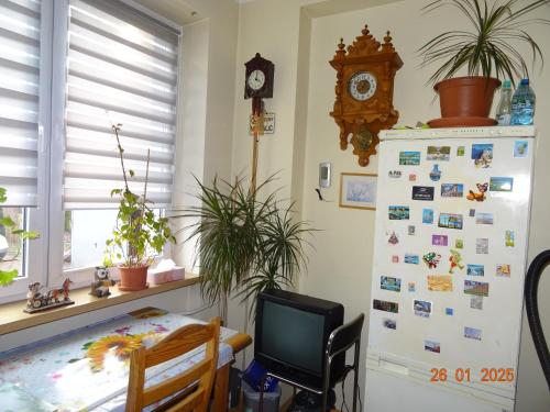 a kitchen with a refrigerator with magnets and a clock at Pokoje do wynajęcia w centrum Białegostoku in Białystok