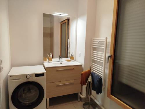 une salle de bain avec une machine à laver et un lavabo dans l'établissement Chez Sibylle Chevreuse Saclay, à Saint-Rémy-lès-Chevreuse