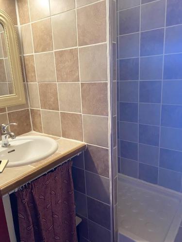 une salle de bain avec un lavabo et une douche dans l'établissement AS21558- Studio cabine dans une résidence de standing direct sur plage sud, au Grau-du-Roi