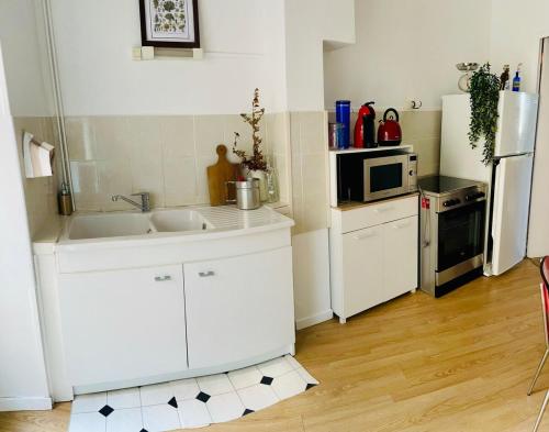 a kitchen with a sink and a microwave at La casa venta in Tournon-sur-Rhône