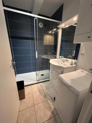 une salle de bain avec une douche, des toilettes et un lavabo dans l'établissement L'Evasion Marine - mer & plage de sable fin à pied, à Saint-Quay-Portrieux