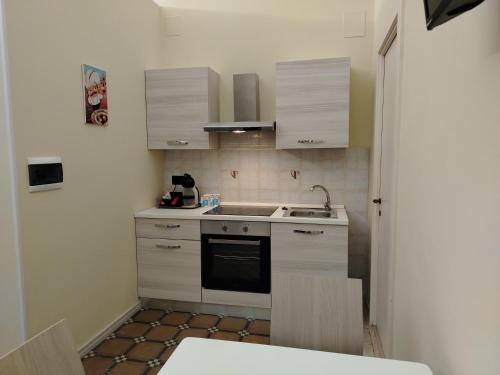 a small kitchen with white cabinets and a sink at Palazzo Castellano in Lecce