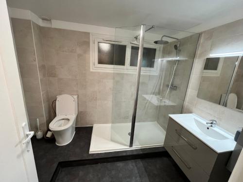 une salle de bain avec une douche, des toilettes et un lavabo dans l'établissement Appartement dans petite résidence très calme, à Drancy