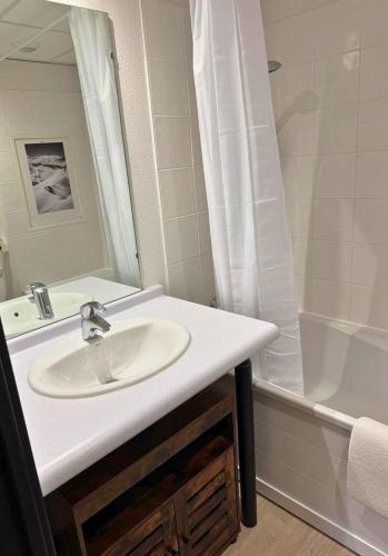 une salle de bain avec un lavabo et une baignoire dans l'établissement Le Montagnard - Wifi - Clim - Chaleureux, à Lourdes