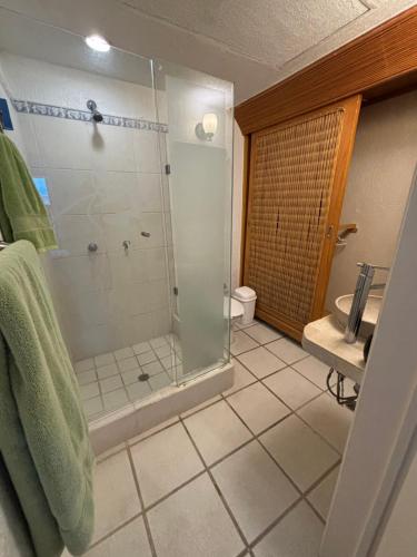 a bathroom with a shower and a sink at Acogedor depto Acapulco Diamante frente a campo de Golf Vidanta in Acapulco