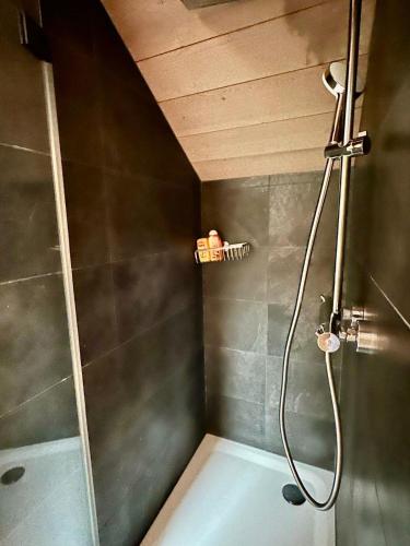 a bathroom with a shower with a shower head at Gstaad Paradise View Chalet with Jacuzzi in Rougemont