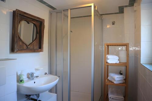 a bathroom with a sink and a shower at Backhaus in Karolinenkoog