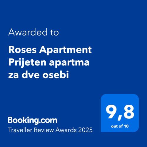 a screenshot of a phone screen with the text awarded to roses apartment at Roses Apartment Prijeten apartma za dve osebi in Mengeš