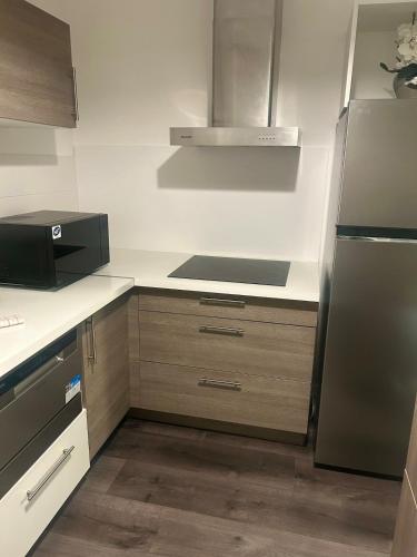 une cuisine avec un réfrigérateur en acier inoxydable et des armoires en bois dans l'établissement Central Disney apartment, à Chessy