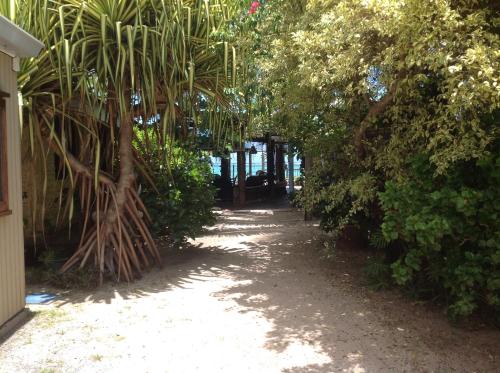 a path with a palm tree in a garden at Fare Maheata in Pihaena