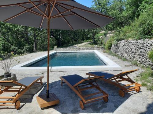 - une piscine avec 2 chaises et un parasol dans l'établissement En pleine foret, à Aurel