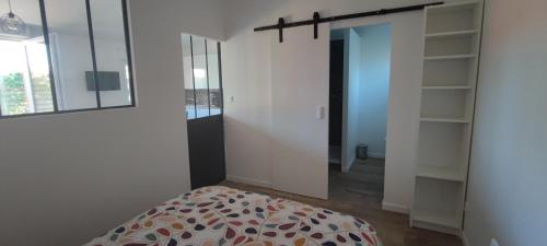 Cette chambre comprend un lit et un placard avec un miroir. dans l'établissement A 10 minutes des plus belles plages landaises, charmant T2 avec jardin privatif, à Angresse