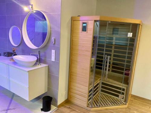 a bathroom with a sink and a shower with a mirror at Loft de Waroux in Awans