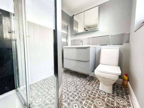 a bathroom with a toilet and a sink and a shower at The Grimsby Quarters in Grimsby