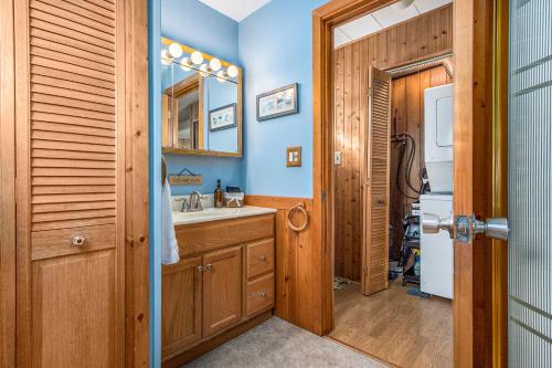 a bathroom with a sink and a mirror at Pure Michigan At Pine Lake - Swim, Boat, Fun! in Plainwell