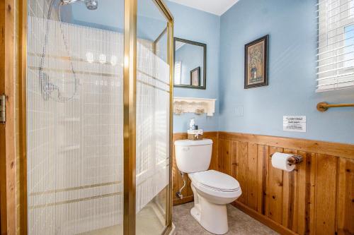 a bathroom with a toilet and a shower at Pure Michigan At Pine Lake - Swim, Boat, Fun! in Plainwell