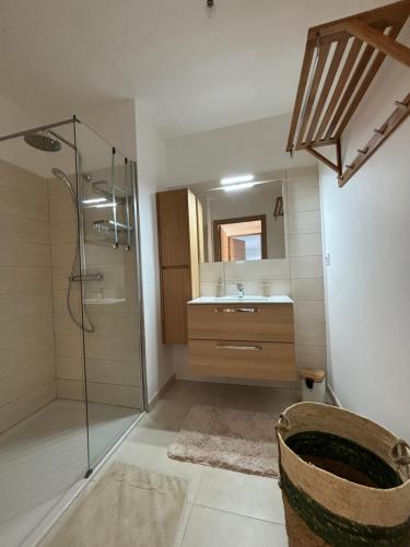 une salle de bain avec douche et lavabo dans l'établissement SEJOUR DE CHARME A CALVI vue mer et montagne en T3 résidentiel avec piscine, à Calvi