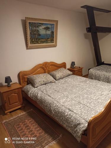 une chambre avec un lit et un tableau au mur dans l'établissement Maison jumelée, à Wittenheim