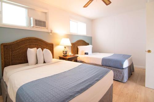 a hotel room with two beds and two windows at Ocean House Boutique Hotel & Motel in Old Orchard Beach