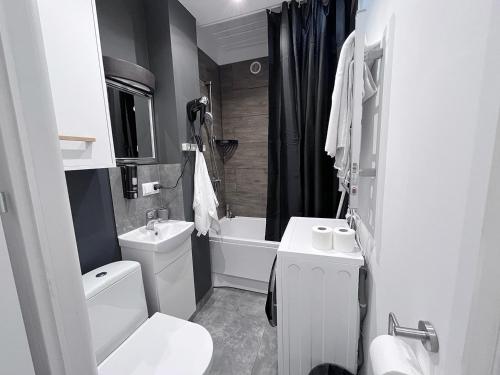 a white bathroom with a toilet and a sink at Apartment near the Castle Malbork in Malbork