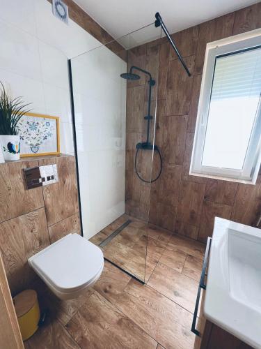 a bathroom with a shower and a toilet at Apartamenty Skoczybruzda in Chmielno