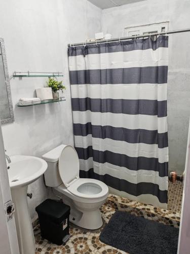 a bathroom with a toilet and a shower curtain at La casa de Laly in Alto Boquete