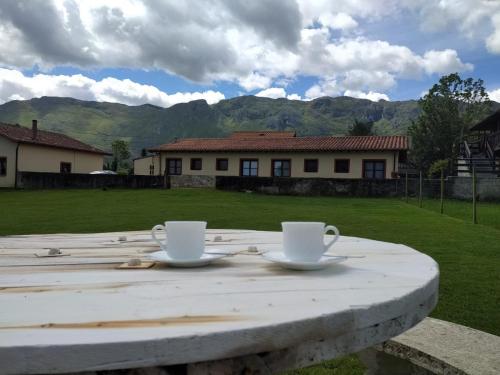 two white coffee cups sitting on top of a table at Apartamentos La Tarazana 2 in La Pereda de Llanes