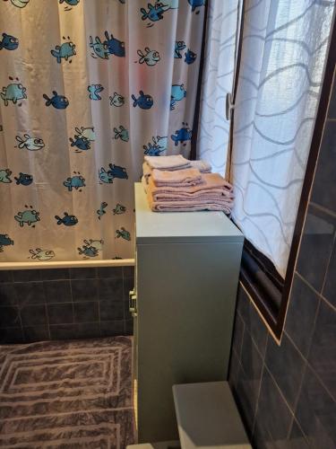 a bathroom with a shower curtain and towels at Chez Gabrielle in Gaillard