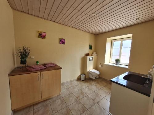 a kitchen with a sink and a refrigerator at Postgaarden Frøslev in Padborg