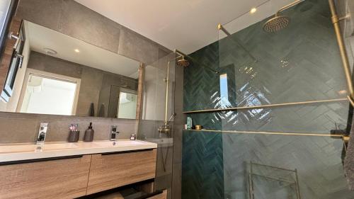 une salle de bain avec douche et lavabo dans l'établissement Maison neuve climatisée, à 2 pas du centre de Bédoin, La Villa Thélo, à Bédoin